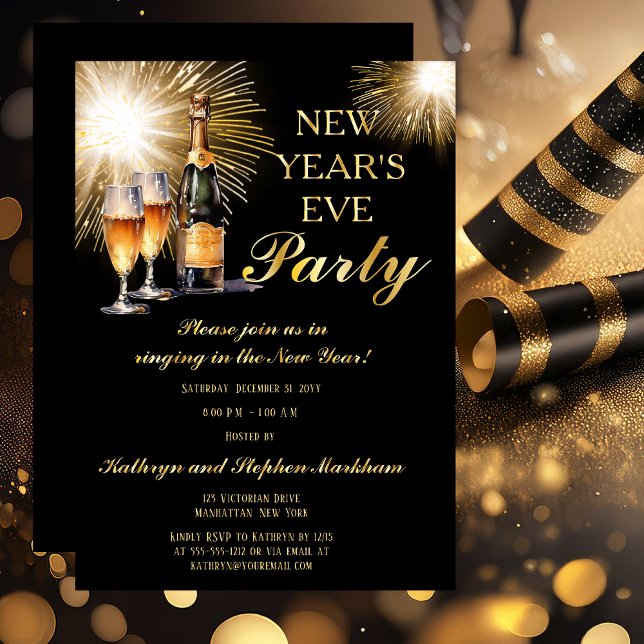 Champagne Fireworks Black Gold New Years Eve Party Folieneinladung (Champagne with Glasses and Fireworks Black and Gold Tone New Year's Eve Party Invitation)