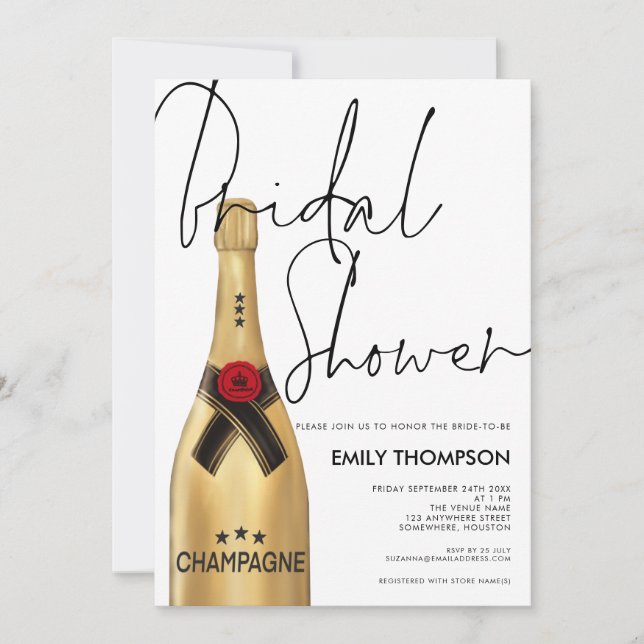 Champagne Flasche Script Gold Brautparty Einladung (Vorderseite)