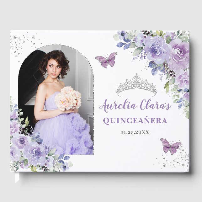 Champagne Floral Butterfells Quinceañera Foto Gästebuch (Vorderseite)