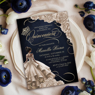 Champagne Floral Dress Quinceañera Einladung