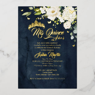 Champagne Floral Navy Gold Mis Quince Quinceanera Folieneinladung
