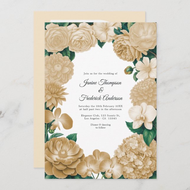 Champagne Floral Photo and QR Code Wedding Einladung (Vorne/Hinten)