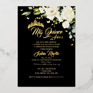 Champagne Floral Schwarz Gold Mis Quince Quinceane Folieneinladung
