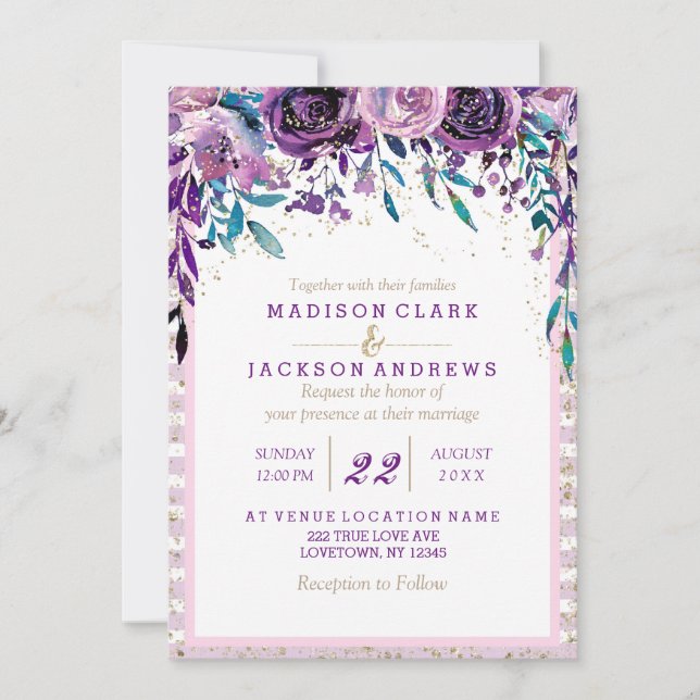 Champagne Floral Violet Gold Wedding Invitations (Devant)