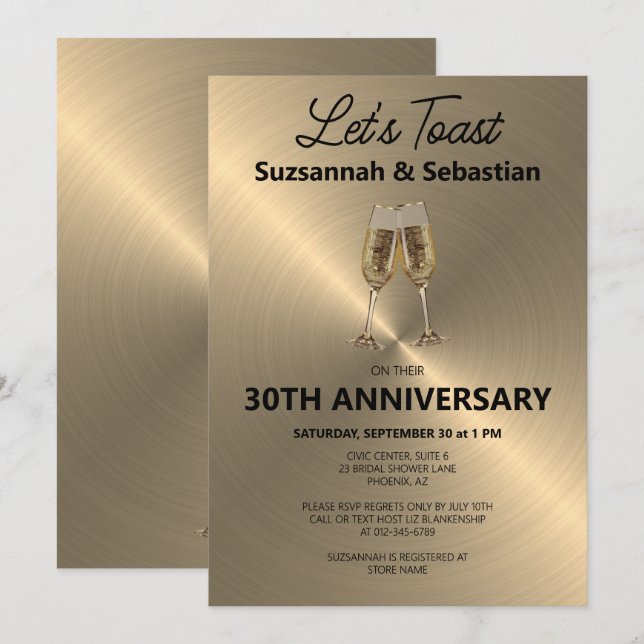 Champagne Flute Toast auf Imitats Metallic Einladung (Vorne/Hinten)