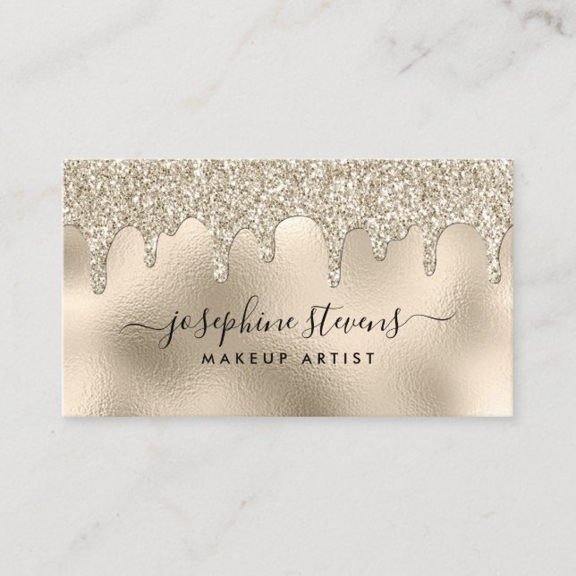 Champagne Foil Glitzer Tropfen Script Typografy Visitenkarte (Vorderseite)