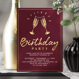 Champagne | Fun Burgundy Rot und Gold Geburtstag Folieneinladung