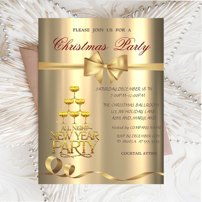 Champagne Glass Bow Gold Weihnachtsfest Party Einladung (Von Creator hochgeladen)