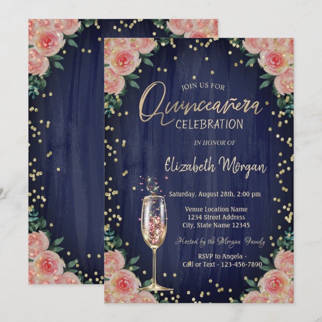 Champagne Glass Diamonds Blume Quinceañera Einladung (Vorne/Hinten)
