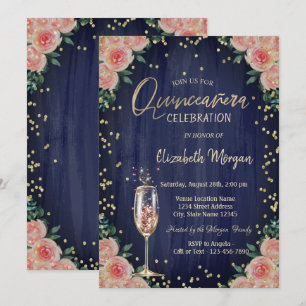 Champagne Glass Diamonds Blume Quinceañera Einladung