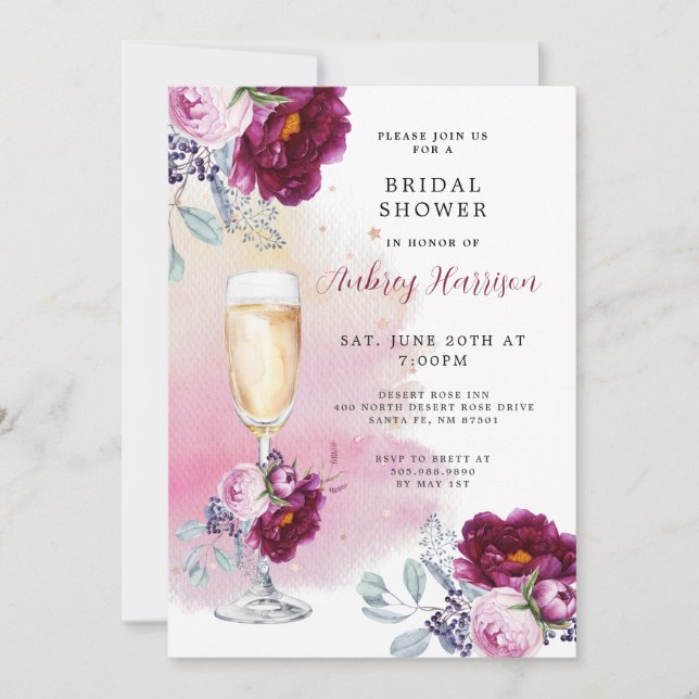 Champagne Glass Floral Brautparty Einladung (Vorderseite)