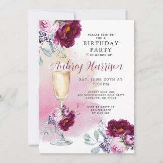Champagne Glass Floral Geburtstag Einladung