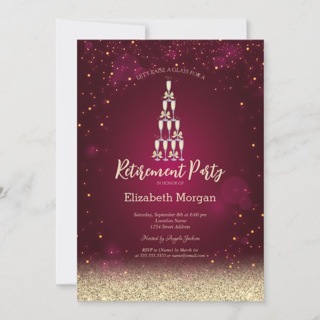Champagne Glass Gold Bokeh Rose Red Retirement Einladung (Vorderseite)