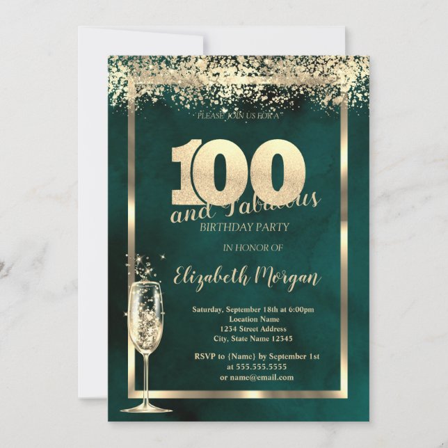 Champagne Glass Gold Confetti Green 100. Geburtsta Einladung (Vorderseite)