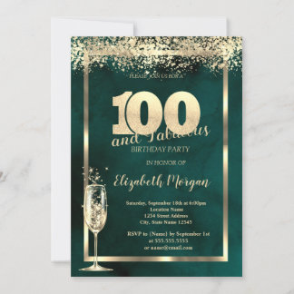 Champagne Glass Gold Confetti Green 100. Geburtsta Einladung