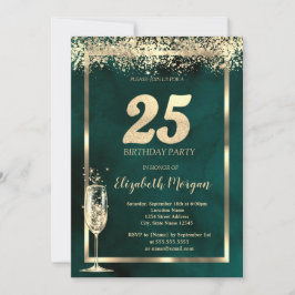 Champagne Glass Gold Confetti Green 25. Geburtstag Einladung