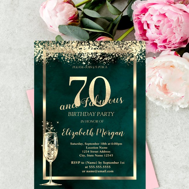 Champagne Glass Gold Confetti Green 70. Geburtstag Einladung (Von Creator hochgeladen)