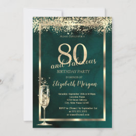 Champagne Glass Gold Confetti Green 80. Geburtstag Einladung