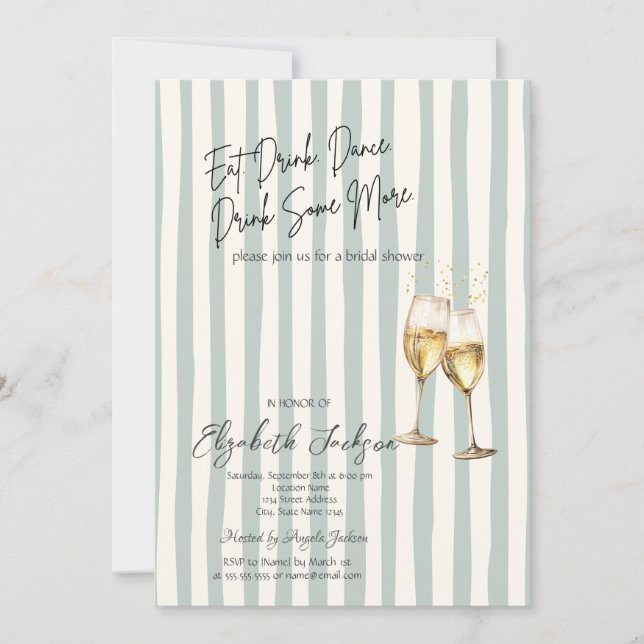 Champagne Glass Green Stripes Bridal Shower Einladung (Vorderseite)