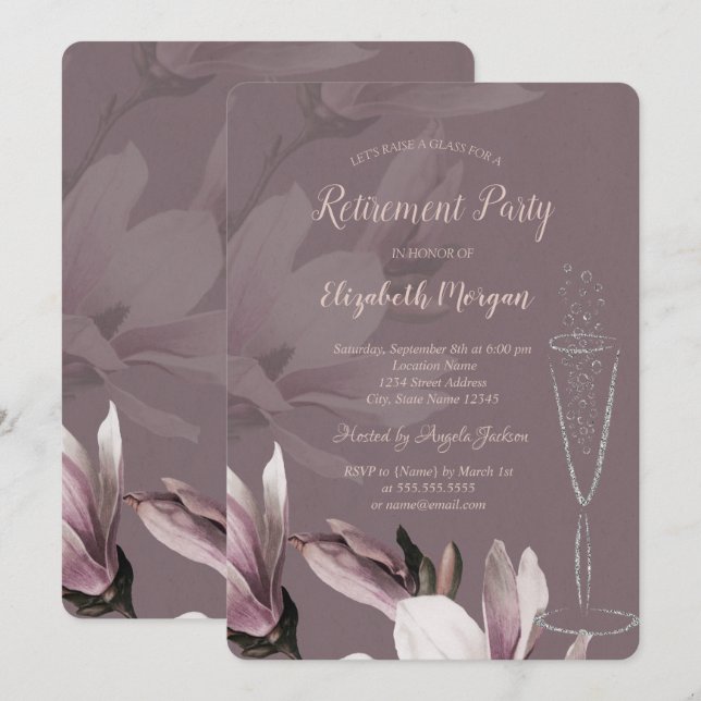 Champagne Glass Magnolia Rentirement Einladung (Vorne/Hinten)