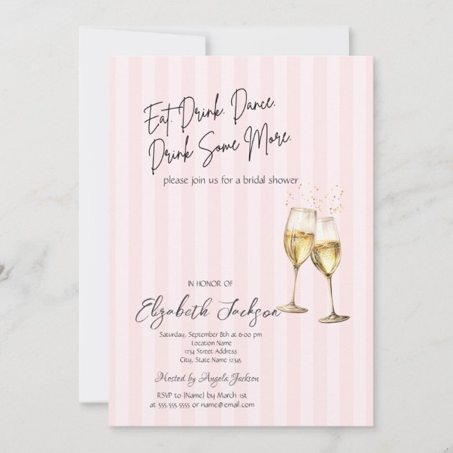 Champagne Glass Pink Stripes Bridal Shower Einladung (Vorderseite)
