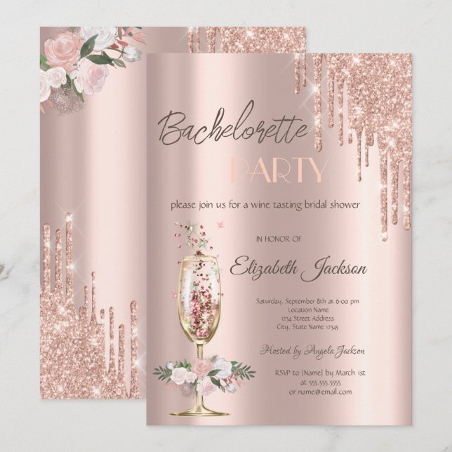 Champagne Glass Rose Junggeselinnen-Abschied Einladung (Vorne/Hinten)