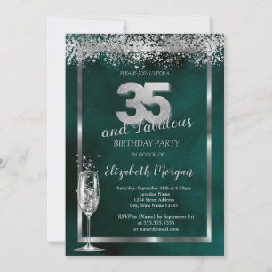 Champagne Glass Silver Confetti Green 35. Einladung