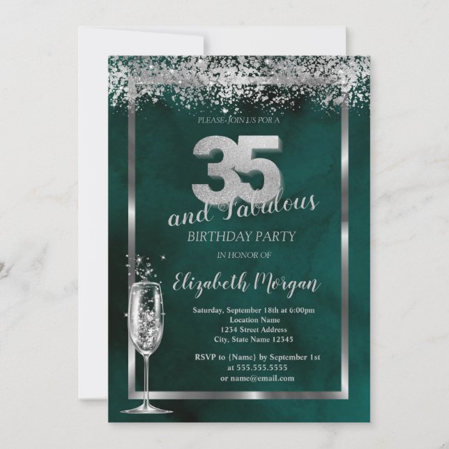 Champagne Glass Silver Confetti Green 35. Einladung (Vorderseite)
