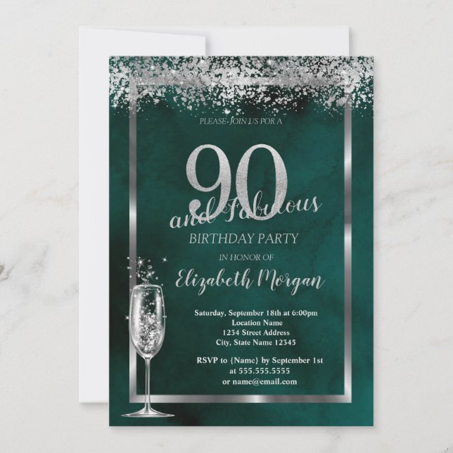 Champagne Glass Silver Confetti Green 90. Einladung (Vorderseite)