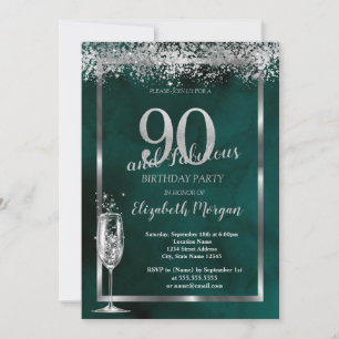 Champagne Glass Silver Confetti Green 90. Einladung