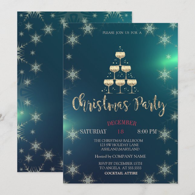 Champagne Glass Tree, Green Company Party Einladung (Vorne/Hinten)