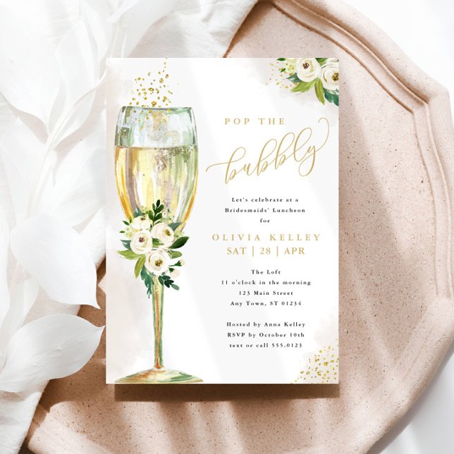 Champagne Glass White Floral Bridal Luncheon Einladung (Von Creator hochgeladen)