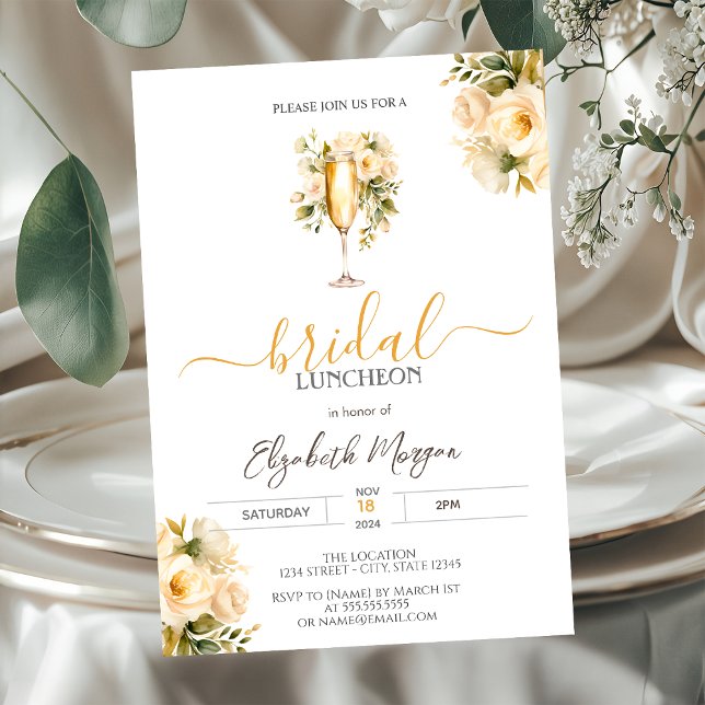 Champagne Glass White Roses Bridal Luncheon Einladung (Von Creator hochgeladen)