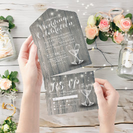 Champagne Glasses Rustic Wood String Light Wedding All In One Einladung