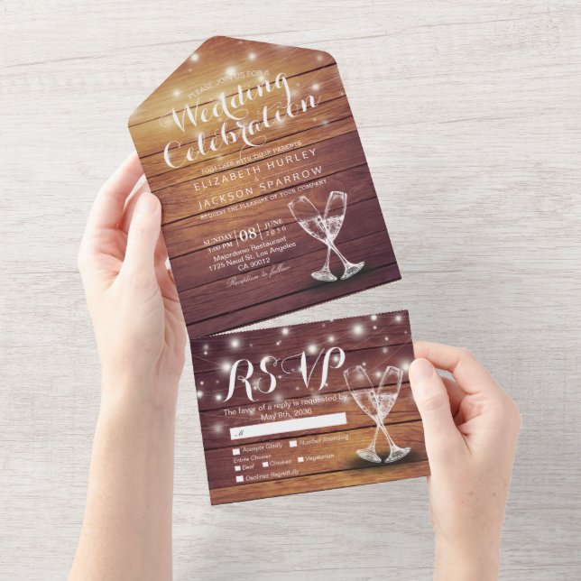 Champagne Glasses Rustic Wood String Light Wedding All In One Einladung (Abreißen)