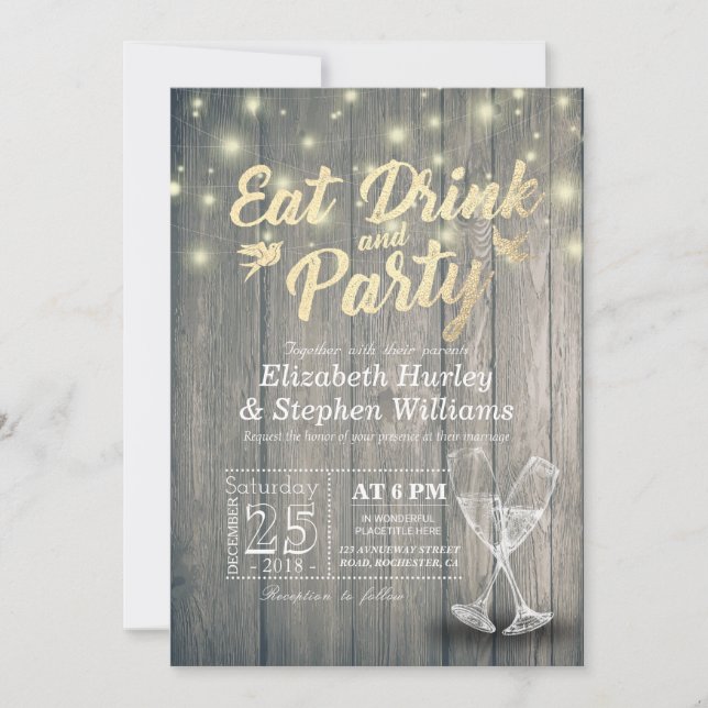 Champagne Glasses Wood EAT Drink und Party Hochzei Einladung (Vorderseite)