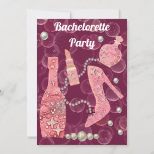 Champagne Glitter & Pearls Burgunder Junggesellinn Einladung