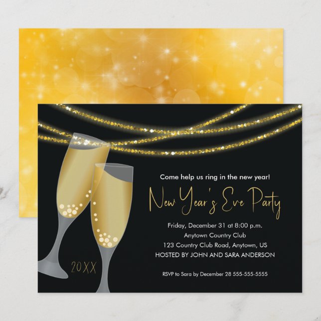 Champagne & Glitzer Strings | Silvester-Party Einladung (Vorne/Hinten)