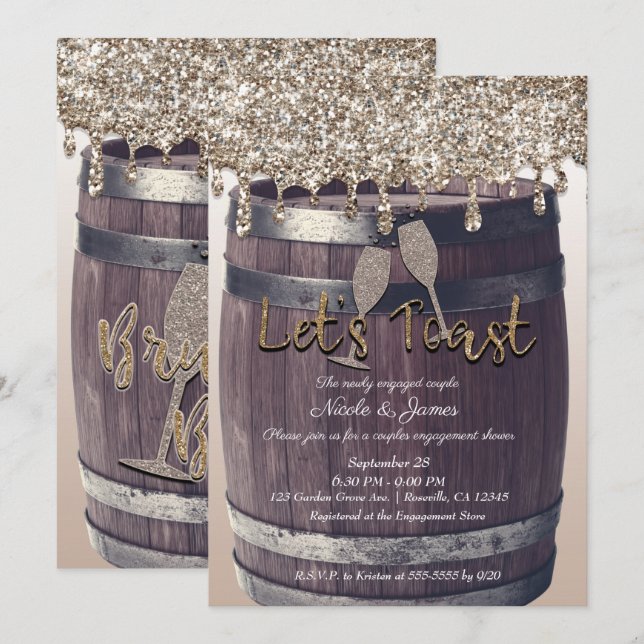 Champagne Glitzer Tropfen Barrel Verlobung Brunch Einladung (Vorne/Hinten)