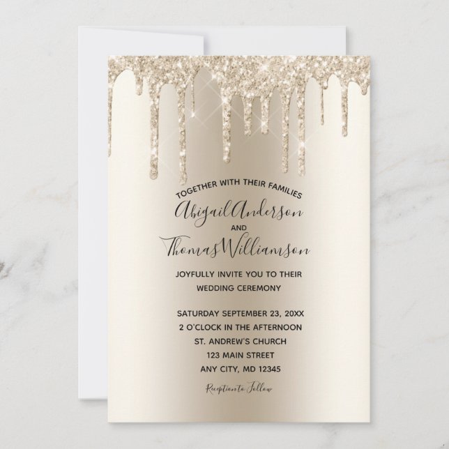 Champagne Glitzer Tropfen Trendy Elegant Wedding Einladung (Vorderseite)