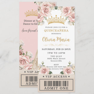 Champagne Gold Blush Floral Quinceñera VIP Ticket Einladung