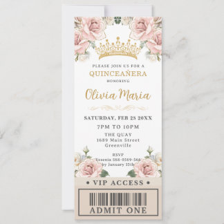 Champagne Gold Blush Floral Quinceñera VIP Ticket Einladung