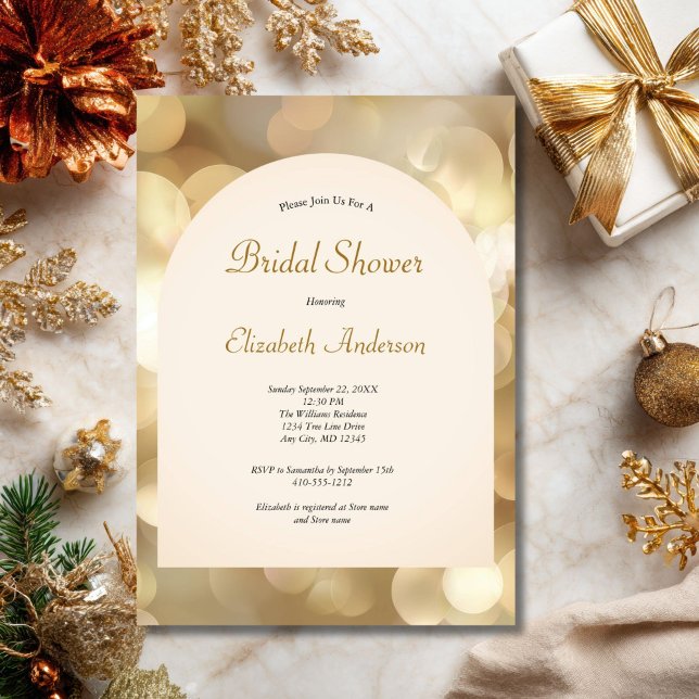 Champagne Gold Bokeh Elegant Bridal Shower Einladung (Champagne Gold Bokeh Arch Bridal Shower invitation Digital or Printed)