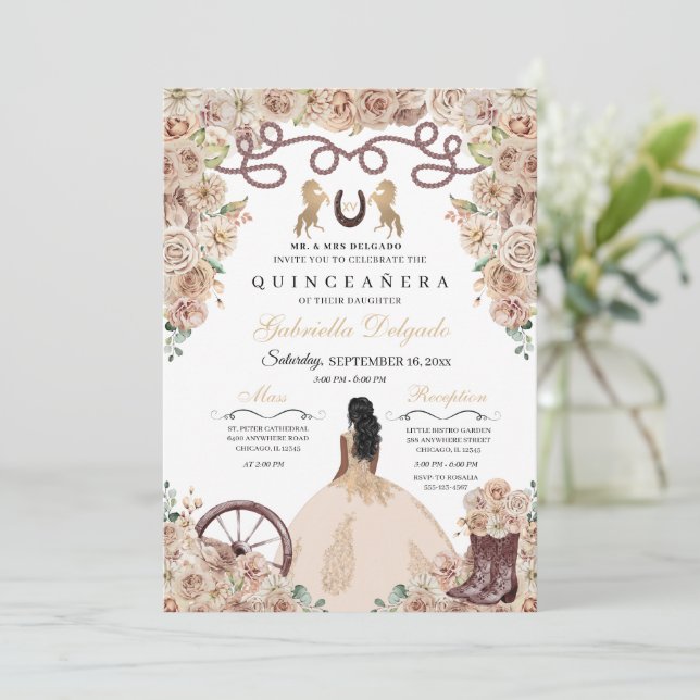 Champagne Gold Charro Princess Quinceanera Einladung (Stehend Vorderseite)