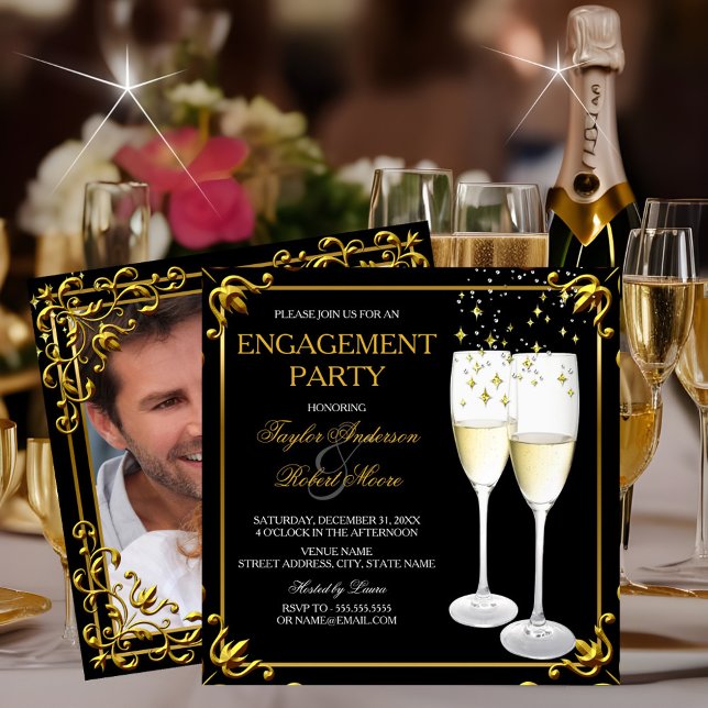 Champagne Gold Engagement Party Photo Invitation (Créateur téléchargé)