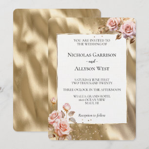 Champagne Gold Glam Pink Roses Wedding Einladung