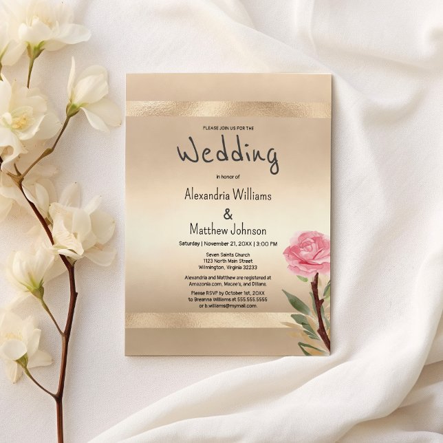Champagne Gold Glamour Pink Floral Wedding  Einladung (Champagne Gold Glamour Pink Floral Wedding )