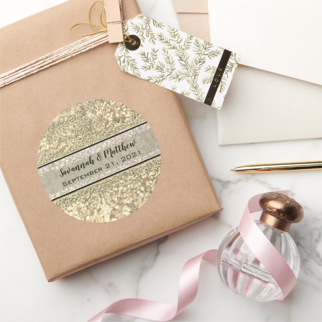 Champagne Gold Glitzer Swirl Romantisches Hochzeit Runder Aufkleber (Schenken)