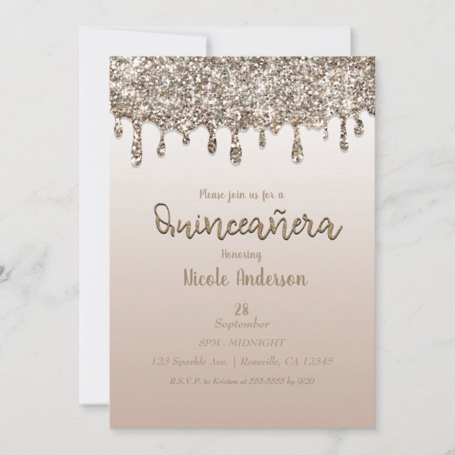 Champagne Gold Glitzer Tropfen Glam Quinceñera 15 Einladung (Vorderseite)