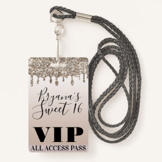 Champagne Gold Glitzer Tropfen Glam Sweet 16 VIP P Ausweis